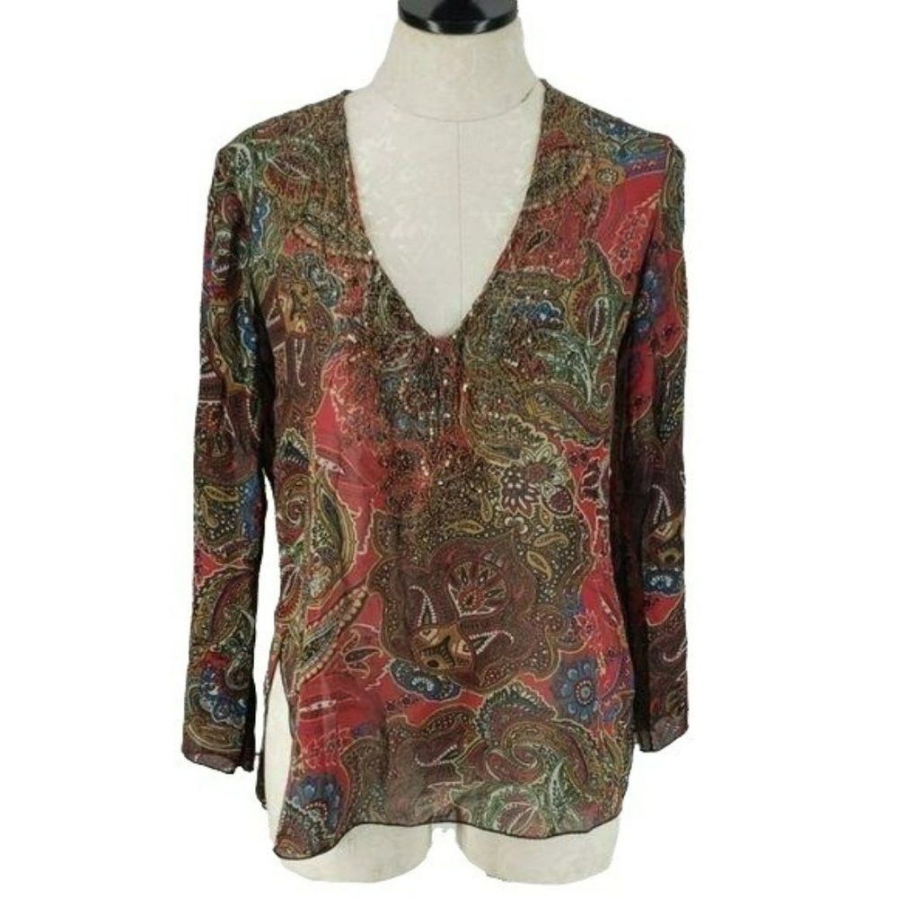Chico’s Women's Paisley Print 100% Silk Size 0(small) Sheer‎ Layer VNeck Blouse